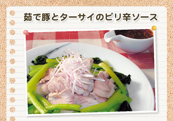 茹で豚とターサイのピリ辛ソース